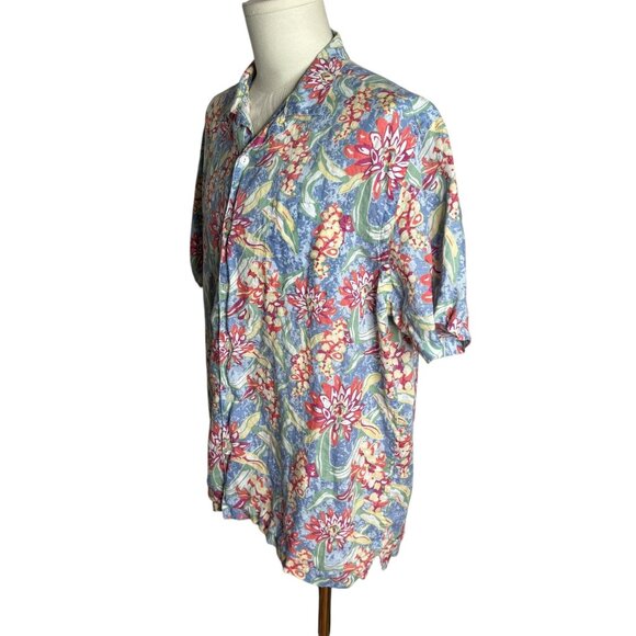 Cremieux Button Up Linen Hawaiian Shirt XL Blue Floral Linen Short Sleeve Pocket - Picture 3 of 7